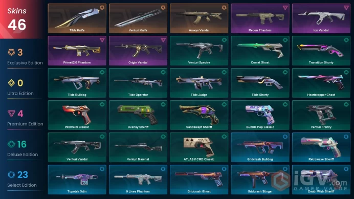 EU | 46 skins | Araxys Vandal | Ion Vandal | Venturi Knife | Tilde Knife | Origin Vandal | Recon Phantom | Prime//2.0 Phantom | T8166