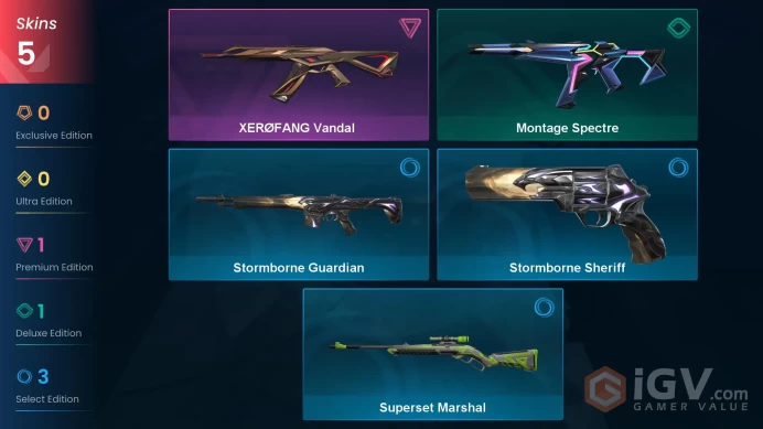 EU 5 skins | XERØFANG Vandal | Montage Spectre | Superset Marshal | Stormborne Sheriff | Stormborne Guardian | V0278