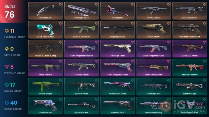 EU Full Access | 76 Skins Heart Splitter+Kuronami Vandal+RGX 11z Pro Vandal+VCT25 x FUT Classic+Sovereign Ghost+much more