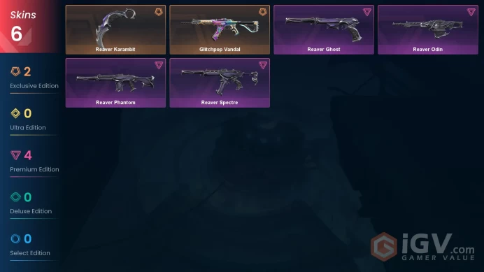 EU Full Access | 6 Skins Reaver Karambit + Glitchpop Vandal + Reaver Phantom + Reaver Spectre + Reaver Odin + Reaver Ghost | 1675 Valorant Point