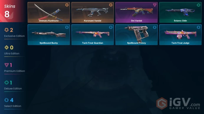 EU Full Access | 8 Skins Onimaru Kunitsuna + Kuronami Vandal + Oni Vandal + Solarex Odin + Tacti-Treat Guardian + Spellbound Bucky + more
