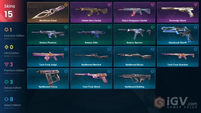 EU Full Access | 15 Skins Mystbloom Kunai + Gaia's Vengeance Vandal + Valiant Hero Vandal + Sovereign Ghost + Solarex Phantom + more