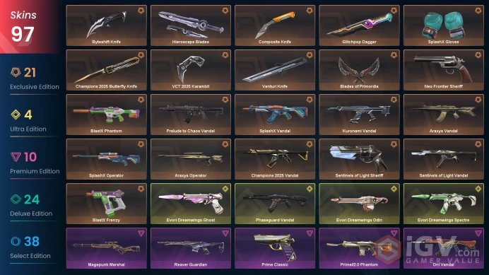 VALORANT EU WEST SERVER 97 SKİNS (+9 KNİFE, CHAMPİONS 2025 + SPLASHX PACKED, VCT 2025 ,PHASEGUARD+KURONAMİ VANDAL)AUTO DELIVERY FULL ACCESS