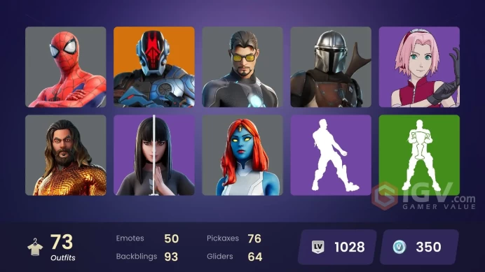 PC,PSN,XBOX 73 SKINS FA - STORM,MANDALORIAN,KOR,RICK,SASUKE,EDDIE BROCK,CARNAGE,MOONK NIGHT,SAKURA,TONY STARK,VENOM,CHARLOTTE RK1410