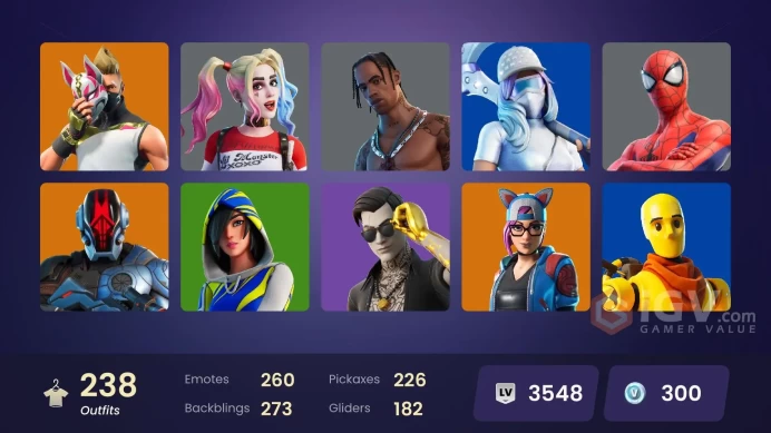 PC,PSN,XBOX 238 SKINS FA - TRAVIS SCOTT - VEGETA,BLAZE,FIREBRAND,DOOM,VERSA,GOJO,HARLEY,YUJI,ARIANA,LARA CROFT,ZURI,GALAXY CROSSFADE RK1353