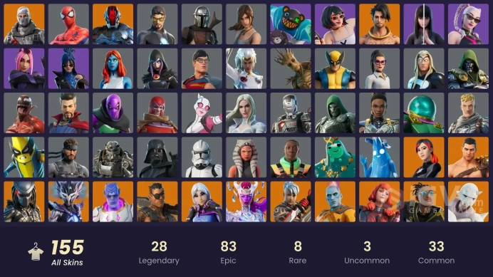 PC,PSN,XBOX 155 SKINS FA - HAVOC,POLARITY,KOR,STORM,CARNAGE,TONY STARK,GROOT,RICK,CHARLOTTE,LARA CROFT,DOOM RK1477