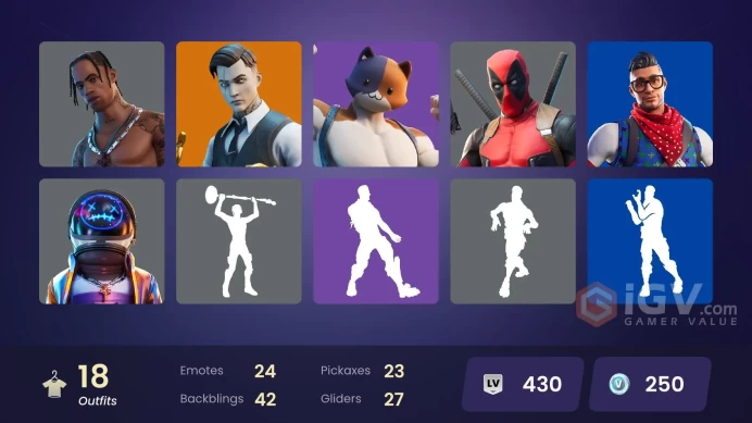 FA | 18 skins | Travis Scott | Astro Jack | Gold Midas | Prodigy | Point Patroller | Gear Specialist Maya | Deadpool | Molten Battle Hound