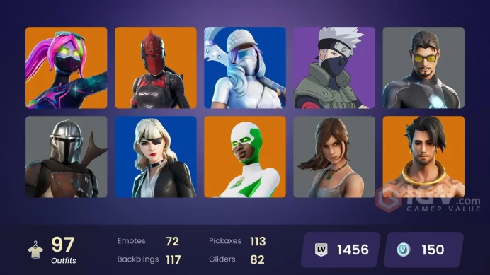 FA |  97 skins | Shot Stopper | Clutch | Tart Tycoon | Grind | Naruto Uzumaki | Eternal Knight | Joey | Raz | Kymera | Predator | Fade