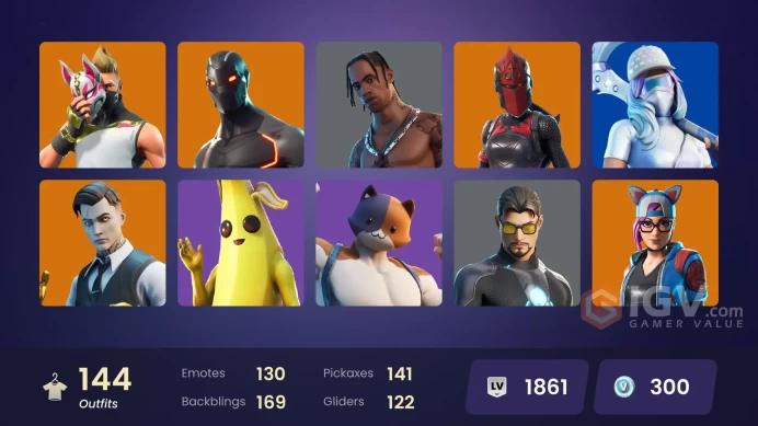 FA | 144 skins | Travis Scott | Gold Midas | Tart Tycoon | Galaxy Scout | The Ice King | Rox | Drift | Hybrid | Ruin | A.I.M. | Valor