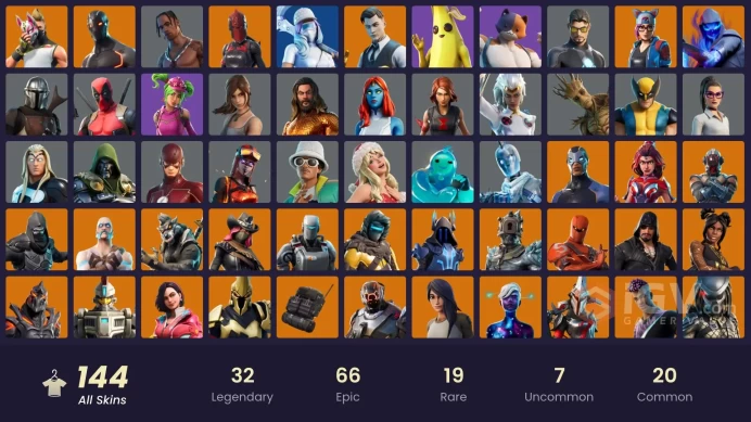 FA | 144 skins | Travis Scott | Gold Midas | Tart Tycoon | Galaxy Scout | The Ice King | Rox | Drift | Hybrid | Ruin | A.I.M. | Valor