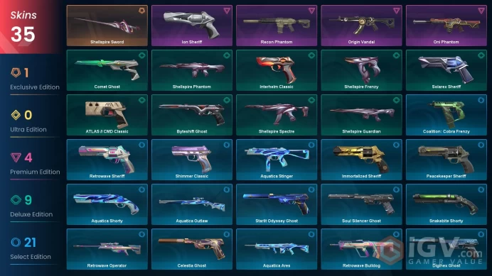 EU | 35 skins | Shellspire Sword | Oni Phantom | Origin Vandal | Recon Phantom | Ion Sheriff | ATLAS // CMD Classic | Shellspire Spectre | S9215