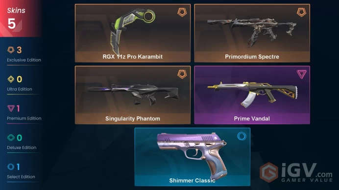 AP | 5 skins | RGX 11z Pro Karambit | Prime Vandal | Singularity Phantom | Primordium Spectre | Shimmer Classic | M9894