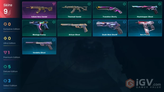 AP | 9 skins | Valiant Hero Vandal | Montage Frenzy | Artisan Ghost | Titanmail Vandal | Transition Shorty | Heartstopper Ghost | Q7690