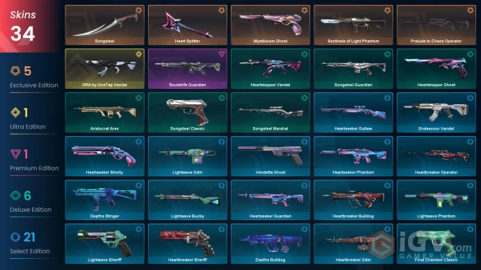 EU | 34 skins | ORA by OneTap Vandal | Heart Splitter | Songsteel | Sentinels of Light Phantom | Prelude to Chaos Operator | Y7922