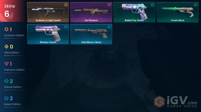 AP | 6 skins | Sentinels of Light Vandal | Oni Phantom | Bubble Pop Classic | Comet Ghost | Soul Silencer Ghost | Shimmer Classic | W8609