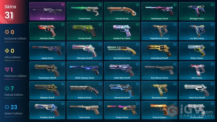 EU 31 skins | Reaver Operator | Bubble Pop Classic | Heartstopper Ghost | Comet Ghost | Montage Frenzy | Interhelm Classic | V0309