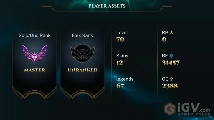 [EUW] S2026 - MASTER - 56 Winrate - 31K Be - Honor 5 - 67Champ - 12Skin - Safe - Instant Delivery