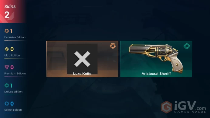  EU  1 KNIFE  2 SKINS  VALUE: 3025 VP  Luxe Knife  Aristocrat Sheriff  RANKED READY  1 LEVEL  EsTGw 