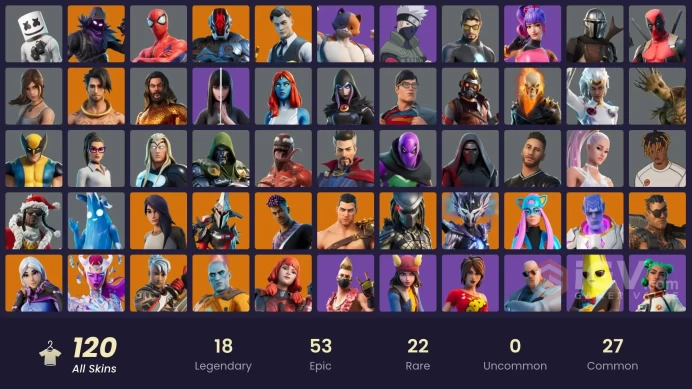 (PC PSN XBOX) 120 skins | Gold Midas | Gold Brutus | Snake Eyes | Kelsier | Naruto Uzumaki | Tart Tycoon | Kymera | Gear Specialist Maya | Alli