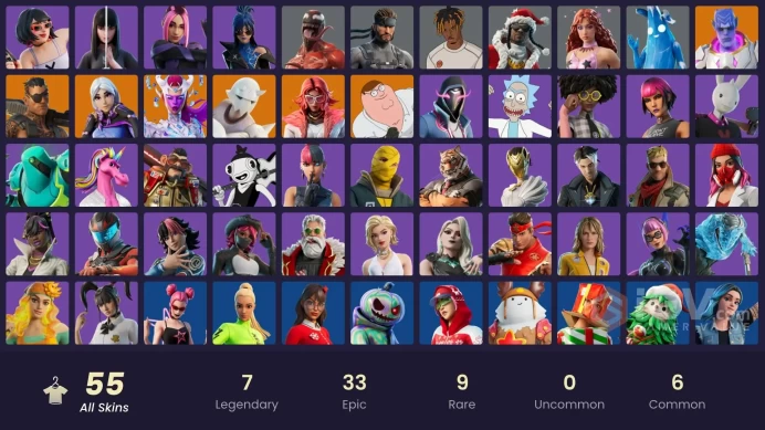 PC/PSN/XBOX | 55 skins | The Cube Queen | Snap | Kymera | Valeria | Joey | Torin | Peter Griffin | Carnage | Polar Peely | Solid Snake | Slayer 