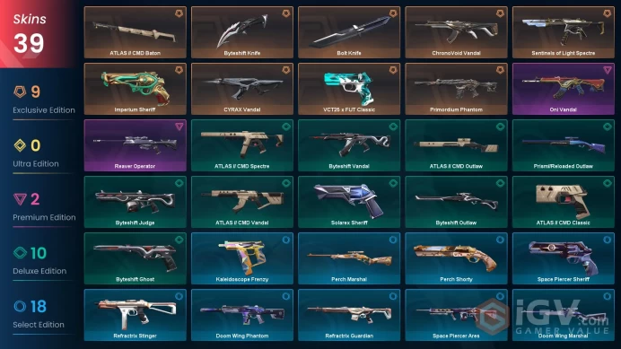 EU 39 skins 3 knifes | ATLAS // CMD Baton | Byteshift Knife | ChronoVoid Vandal | Bolt Knife | CYRAX Vandal | Sentinels of Light Spectre | V0184