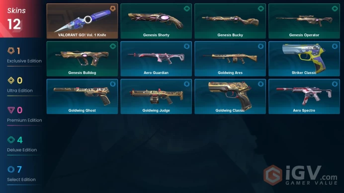  EU  1 KNIFE  12 SKINS  VALUE: 3550 VP  VALORANT GO! Vol. 1 Knife  SILVER 1  82 LEVEL  EtbWq 
