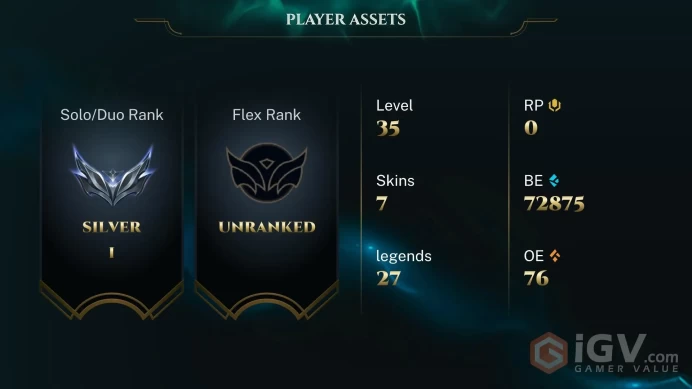 [EUW] Season 15 | Silver 1 %100 WR | 7 Skins | 72.8K BE | Honor 2 | 27 Champs | CHANGEABLE E-MAIL Wins: 4 Losses: 0