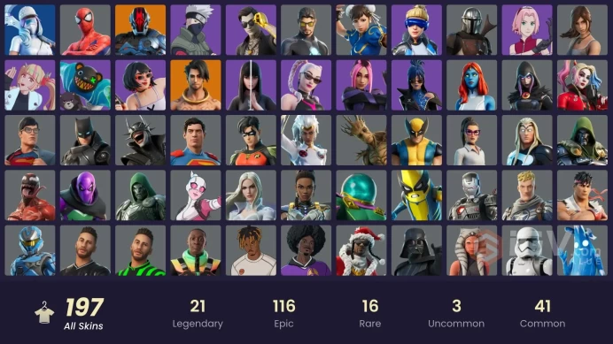 FA | 197 skins | Neo Versa | Vivi Chroma | Fixer | Cloud Striker | Naruto Uzumaki | Sultura | Paradigm (Reality-659) | Fade | Era | Joey