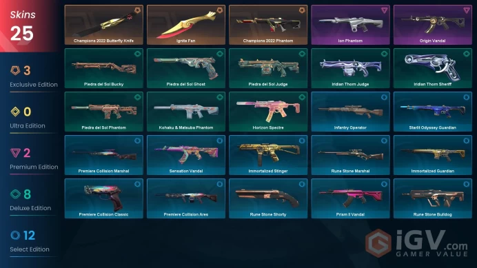 EU | 25 Skins | Full Acces | Ignite Fan | Champions 2022 Butterfly | Champions 2022 Phantom | Origin Vandal | Ion Phantom