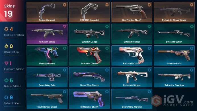 EU | 19 Skins | Full Acces | VCT 2025 Karambit | Reaver Karambit | Chaos Vandal | Neo Frontier Sheriff | Forsaken Vandal