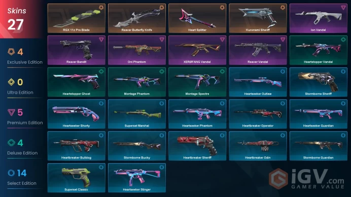 EU | 27 Skins | Full Acces | Reaver Butterfly | Reaver Vandal | Oni Phantom | Ion Vandal | Xerofang Vandal | Rgx11z Pro Blade | Kuronami Sheriff