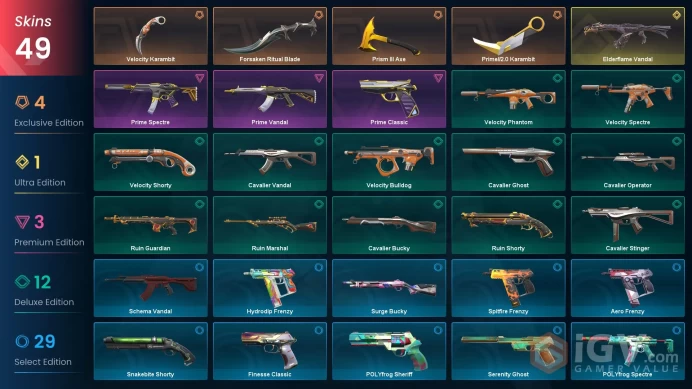 EU [ 49 TOP SKINS + 4 KNIFE ] Prime//2.0 Karambit + Elderflame Vandal + Prime Vandal + Forsaken Ritual Blade / full acces