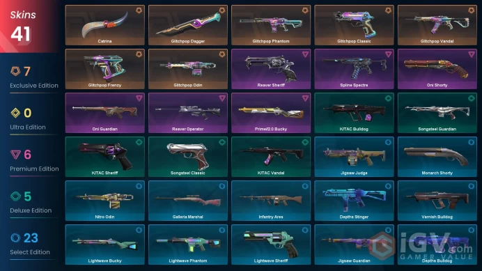 EU+41 skin+Bronze 2+Total cost 35000 VP+A full set of Glitchpop skins+Catrina+Reaver Operator+Oni Guardian+Spline Spectre    12.27.2