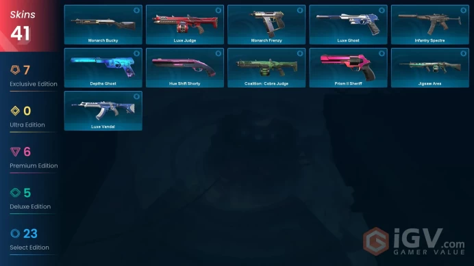 EU+41 skin+Bronze 2+Total cost 35000 VP+A full set of Glitchpop skins+Catrina+Reaver Operator+Oni Guardian+Spline Spectre    12.27.2