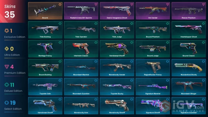 AP | 35 skins | Bound | Oni Vandal | Reaver Phantom | Radiant Crisis 001 Spectre | Gaia's Vengeance Ghost | Sandswept Sheriff | T8944