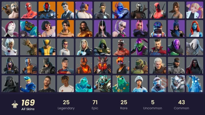 PC,PSN,XBOX 169 SKINS FA - PSYCHO BANDIT,ASTRO JACK,ETERNAL KNIGHT,PETER GRIFFIN,LARA CROFT,MOON KNIGHT,KOR,CARNAGE,DOOM,GREEN GOBLIN RK1590