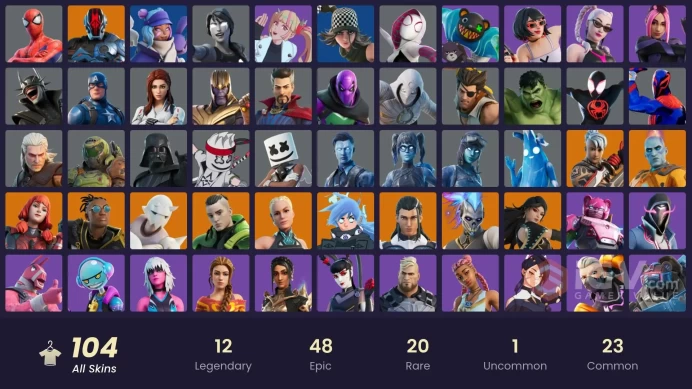 PC,PSN,XBOX 104 SKINS FA - FOUNDATION,ICEBOUND MIDAS,ELEVEN,SPIDER-GWEN,KATALINA,MILES MORALES,HULK,MOON KNIGHT,BLACK WIDOW RK1594