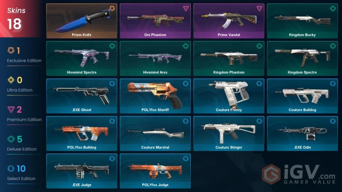 EU Full Access | 18 Skins Prism Knife + Prime Vandal + Oni Phantom + Kingdom Phantom + POLYfox Sheriff + more