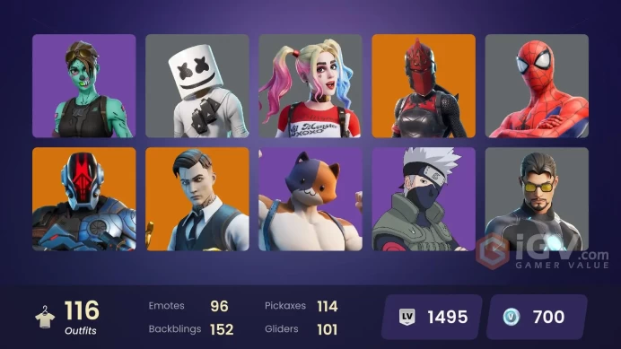 PC,PSN,XBOX 116 SKINS FA - CYCLO,GALAXY SCOUT,TONY STARK,NARUTO,LOSERFRUIT,DARYL DIXON,BATMAN,HARLEY,REBIRTH RAVEN,LARA CROFT,IRIS RK1510