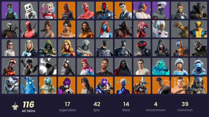 PC,PSN,XBOX 116 SKINS FA - CYCLO,GALAXY SCOUT,TONY STARK,NARUTO,LOSERFRUIT,DARYL DIXON,BATMAN,HARLEY,REBIRTH RAVEN,LARA CROFT,IRIS RK1510