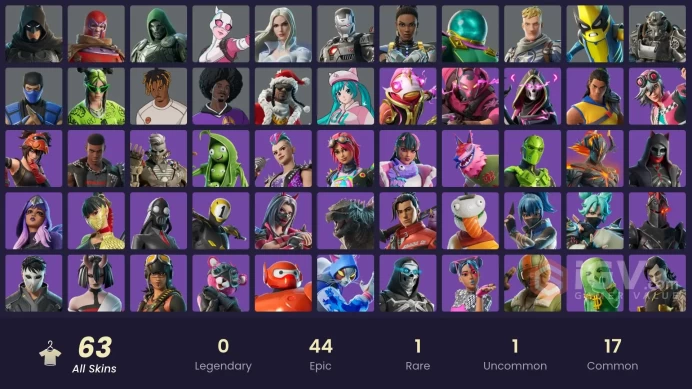 PC,PSN,XBOX 63 SKINS FA - KNIGHT CONQUEROR,MYSTERIO,SUBZERO,BONES,POLUS,JUICE WRLD,SPARKLE DIVA,FISHDRIFT RK1552