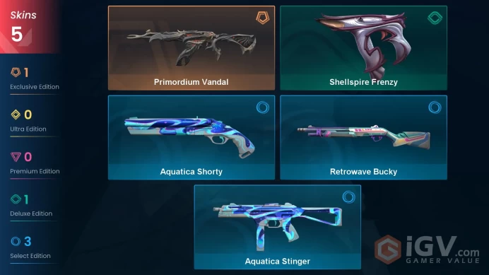 TR/EU Full Access | 5 Skins Primordium Vandal + Shellspire Frenzy + Retrowave Bucky + Aquatica Shorty + Aquatica Stinger