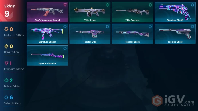 EU 9 SKINS VALUE: 1775 VP Gaia's Vengeance Vandal Tilde Operator RANKED READY 56 LEVEL EuP2A