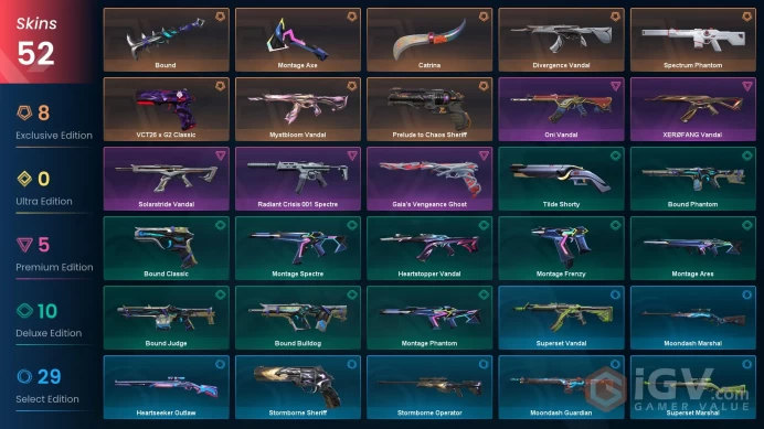 EU 52 skins 3 knifes | Prelude to Chaos Sheriff | Mystbloom Vandal | Montage Axe | Spectrum Phantom | Bound | Divergence Vandal | V0298