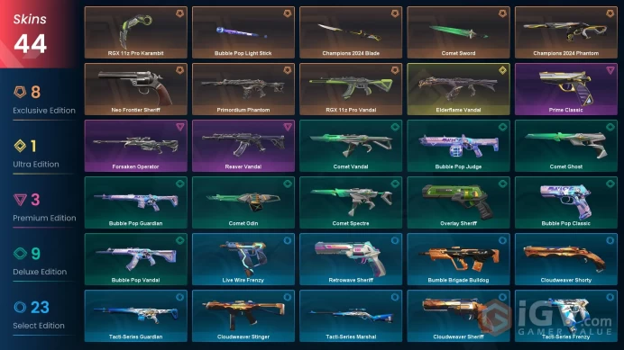 EU | 44 skins | RGX 11z Pro Karambit | Champions 2024 Blade | Elderflame Vandal | Champions 2024 Phantom | RGX 11z Pro Vandal | G7138