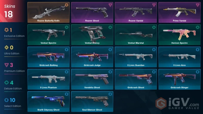 EU | 18 skins | Reaver Vandal | Prime Vandal | Reaver Ghost | Reaver Butterfly Knife | Venturi Marshal | Horizon Spectre | X7733