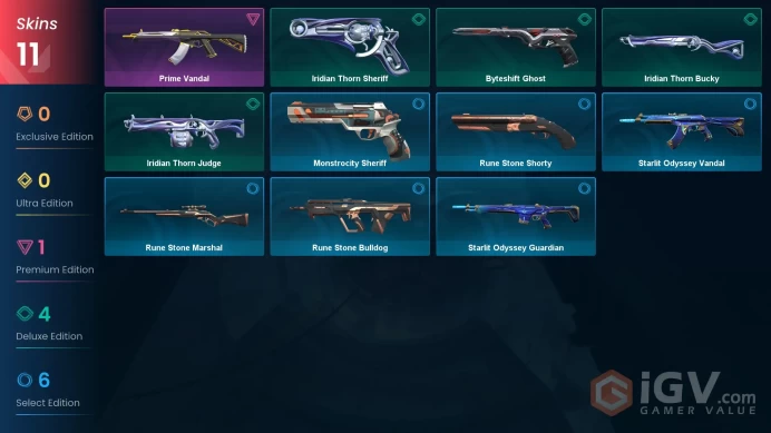 EU | 11 skins | Prime Vandal | Byteshift Ghost | Iridian Thorn Sheriff | Iridian Thorn Judge | Iridian Thorn Bucky | Rune Stone Bulldog | Z3941