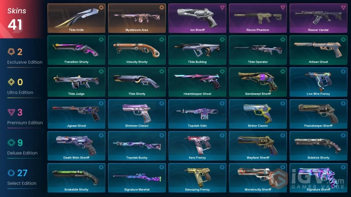 AP | 41 skins | Reaver Vandal | Tilde Knife | Recon Phantom | Mystbloom Ares | Ion Sheriff | Artisan Ghost | Tilde Shorty | G2019
