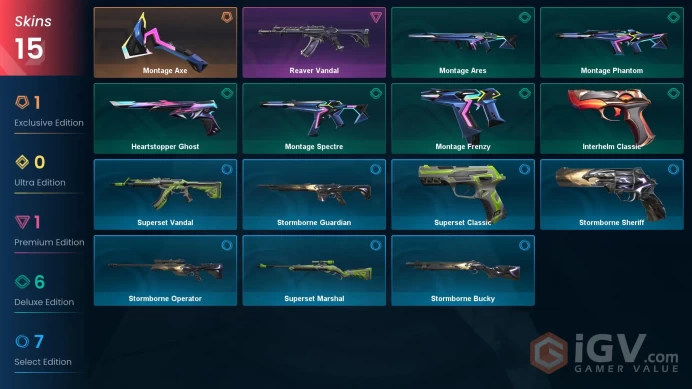 EU | 15 skins | Reaver Vandal | Montage Axe | Heartstopper Ghost | Montage Spectre | Interhelm Classic | Montage Ares | Montage Frenzy | D2827