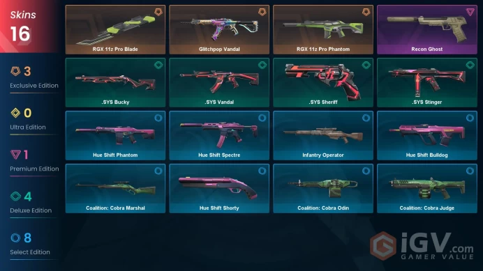NA | 16 skins | RGX 11z Pro Blade | RGX 11z Pro Phantom | Glitchpop Vandal | Recon Ghost | .SYS Stinger | .SYS Vandal | .SYS Bucky | Z1275